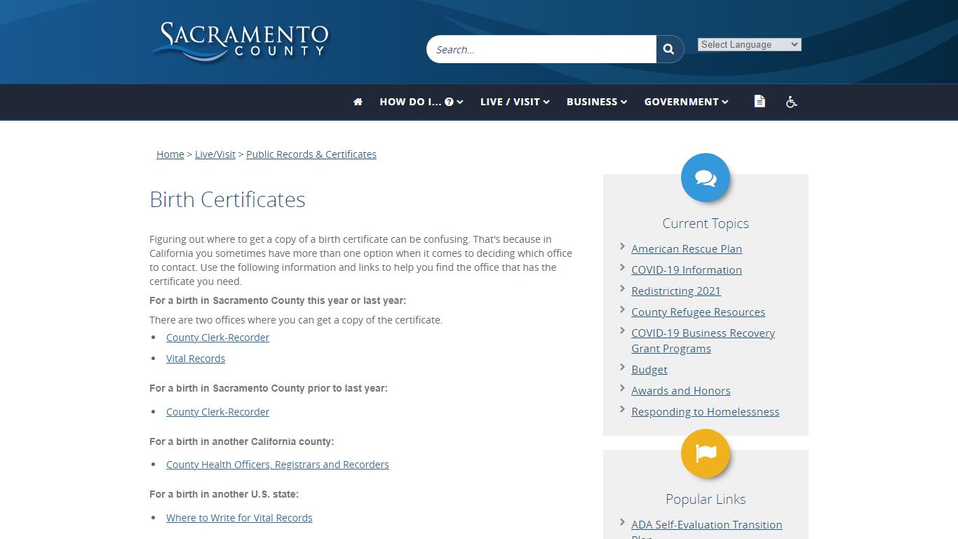 Birth Certificates - Sacramento County, California