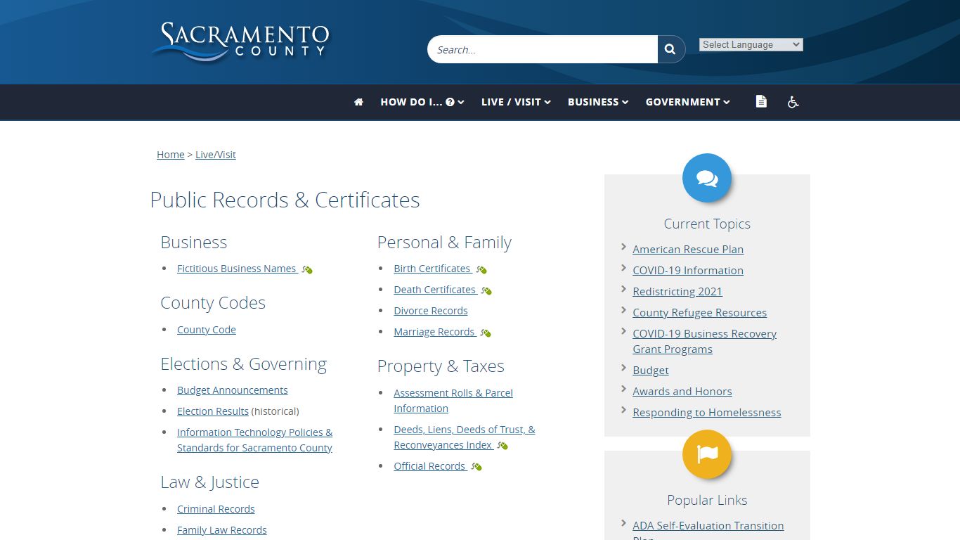 Public Records & Certificates - Sacramento County, California