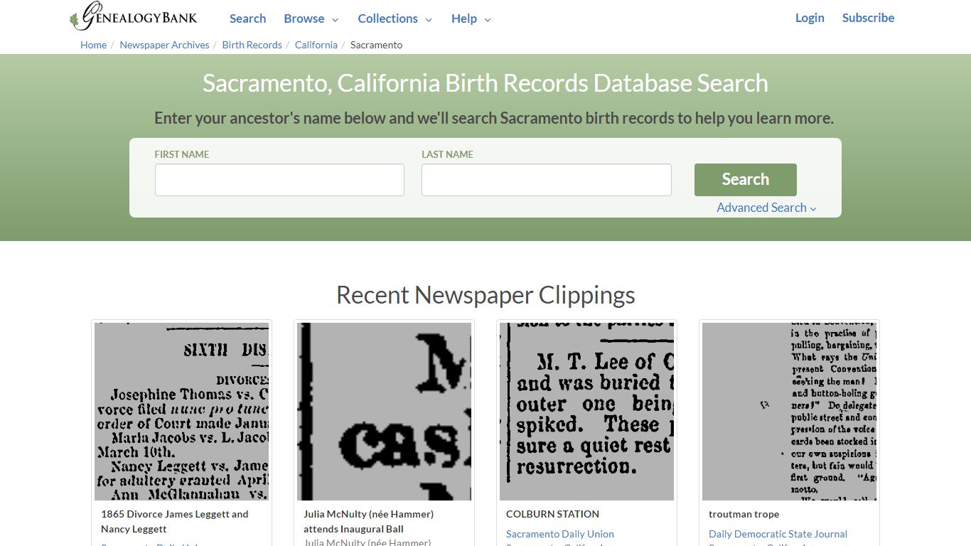 Sacramento Birth Records - GenealogyBank.com
